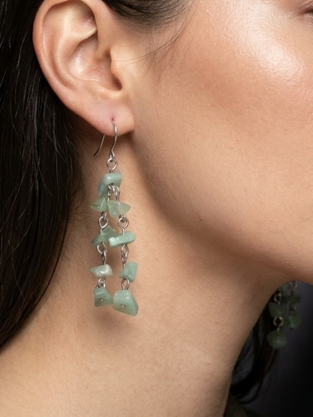 Delicate Green Chip Drop Earrings - Natural Stone Dangle